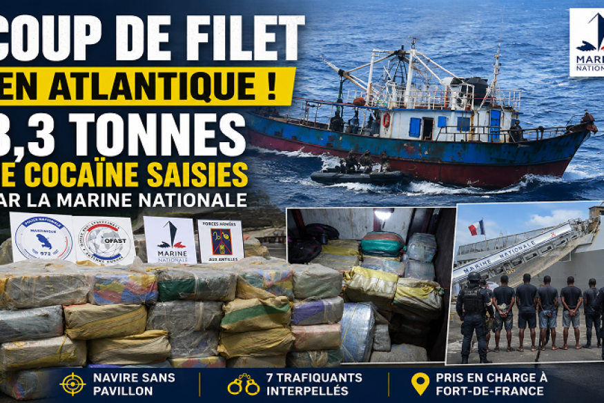 Coup de filet historique en Atlantique : plus de 3 tonnes de cocaïne saisies par la Marine nationale dans la zone Antilles-Guyane